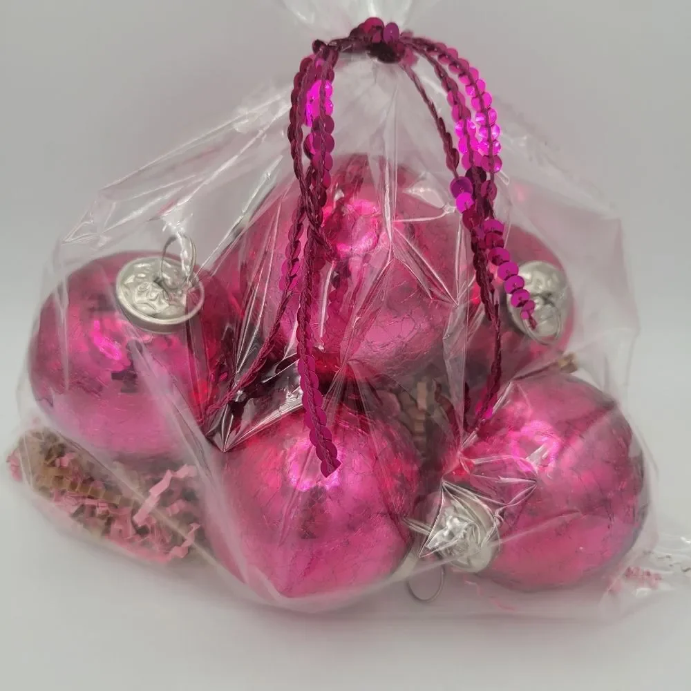 Vintage Hot Pink Crackle Glass Ornaments (Set)